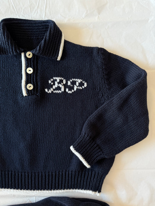 Completo in Puro Cotone - Maglia Polo e Pantalone - Blu Navy con Dettagli Bianchi - Ricamato Punto Maglia