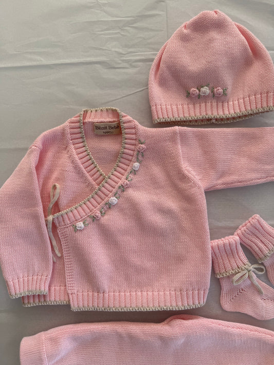 Set Neonato 4 Pezzi in Maglia di Cotone - Dettagli Floreali
