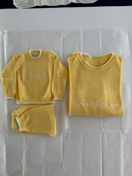 Completo Maglioncino e Pantalone Neonato Personalizzabile in 100% Cotone - Giallo Miele